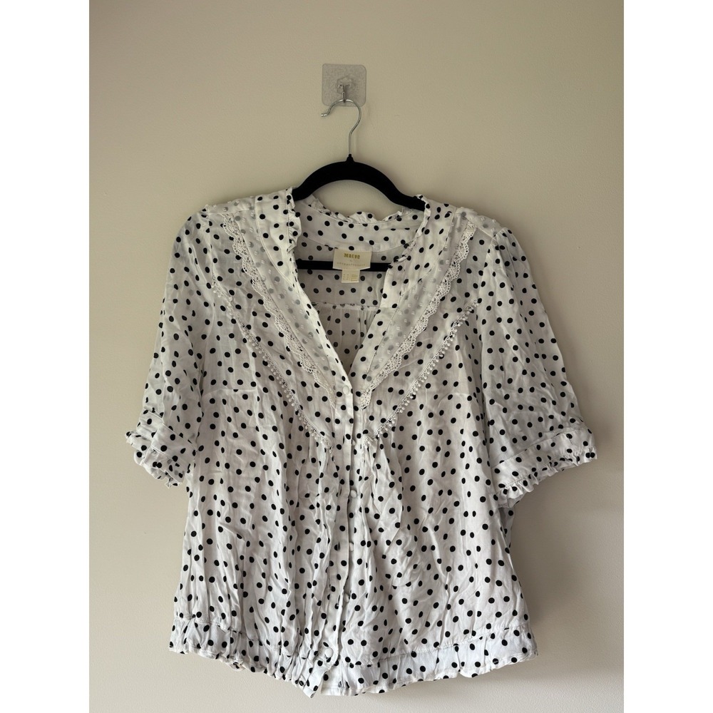 Maeve by Anthropologie White Black Polka Dot Lace Trim Buttondown Blouse